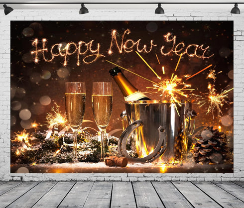 BELECO 5x3ft Fabric Happy New Year Backdrop 2025 New Years Eve Decorations Banner Champagne Fireworks Bokeh