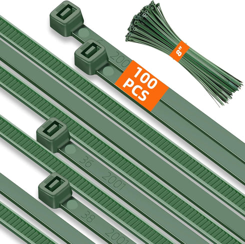 8 Inch PA66 Green Zip Ties, 100 Pcs 3.6mm Heavy Duty Plastic