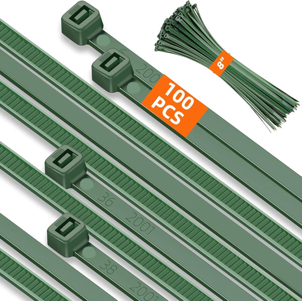 8 Inch PA66 Green Zip Ties, 100 Pcs 3.6mm Heavy Duty Plastic