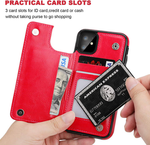 OT ONETOP iPhone 11 Wallet Case, Red PU Leather Kickstand with Card Holder, Shockproof Cover, 6.1 Inch