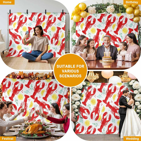 Generic Summer 12 8 Fruit Photo Backdrop for Photoshoot, x FT Red Lobsters Watercolor Lemon Slices Green Leaves Photo