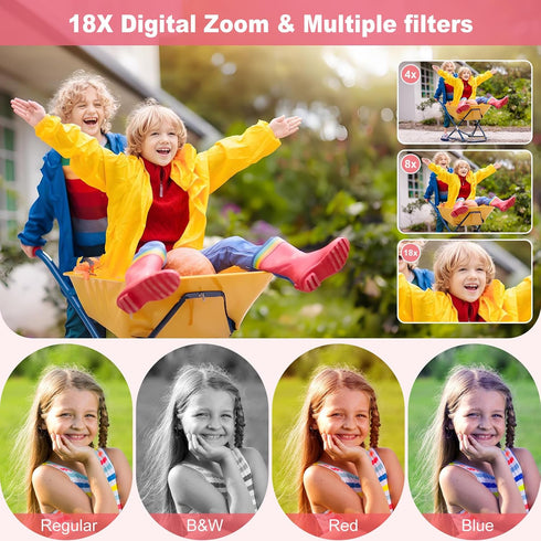 HSZTJJYP 4K 64MP, 18X 64GB 2 Digital Camera, Zoom, Point and Shoot Digital Camera with TF Card & Batteries, Portable