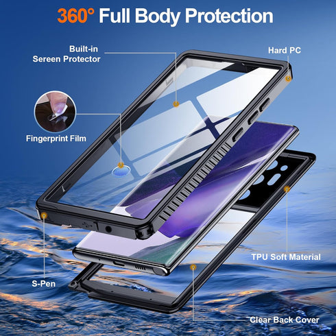 Hualele Waterproof Case for Samsung Galaxy Note 20 Ultra 5G, Built-in Lens & Screen Protector (Black)