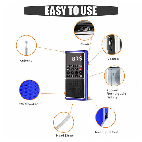 Leting Portable Radio with Mp3 Speaker, Radios Porable FM, Radio Support Tf Card/USB/Music Recording, Emergency Radio Rechargeable Battery Powered,FM Radio with Best Reception (Blue)