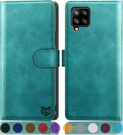 SUANPOT RFID Blocking Leather Wallet Case for Samsung Galaxy A12, Flip Folio Book Phone Case, Shockproof Cover (Blue