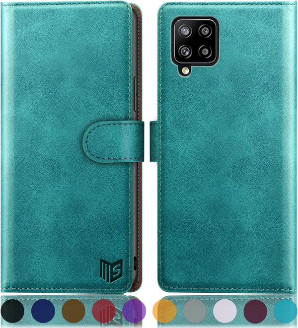 SUANPOT RFID Blocking Leather Wallet Case for Samsung Galaxy A12, Flip Folio Book Phone Case, Shockproof Cover (Blue