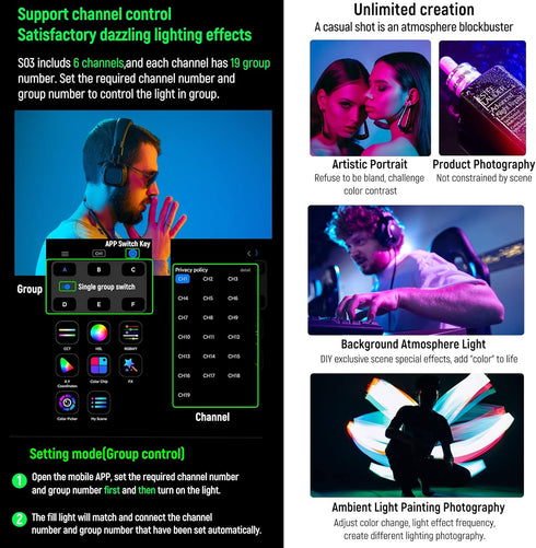 Weeylite S03 RGB Camera Light, App Control Small LED RGBW Video Light, Portable Photography Lighting with Built-in