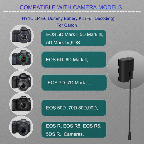 ACK-E6 AC Power Adapter with Dummy Battery Kit for Canon EOS R, R5, R6, 5D Mark III IV, 6D, 7D Cameras