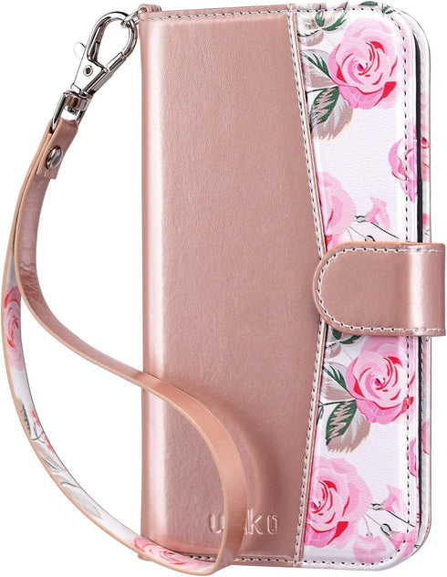 ULAK Compatible with iPhone 15 Pro, Wallet Case with Card Holder, Flower Flip Case for Women Girls, Rose Gold