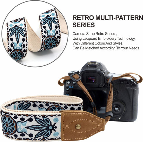 Padwa Lifestyle Camera Strap for DSLR/SLR Cameras - Double Layer Cowhide Ends, 2" Wide Vintage Embroidered Cotton Strap