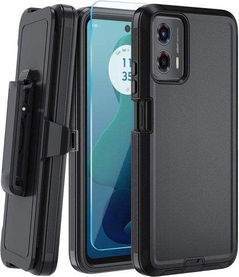 Heavy Duty Case for Moto G 5G 2024/Moto G Play 5G 2024, with Belt Clip, Tempered Glass Protector, Black