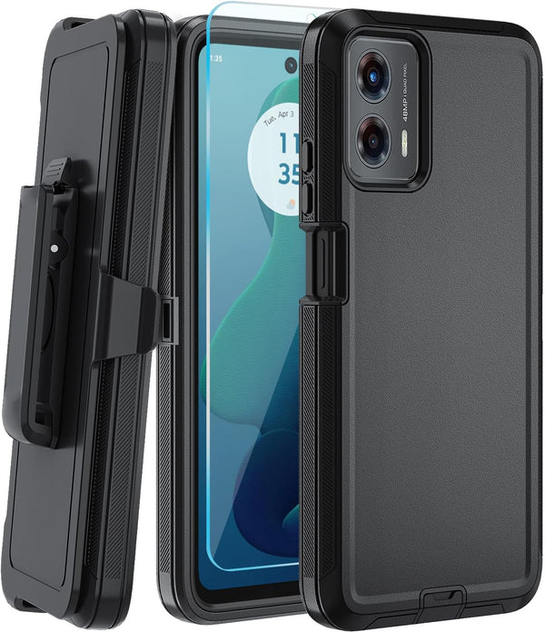 Heavy Duty Case for Moto G 5G 2024/Moto G Play 5G 2024, with Belt Clip, Tempered Glass Protector, Black