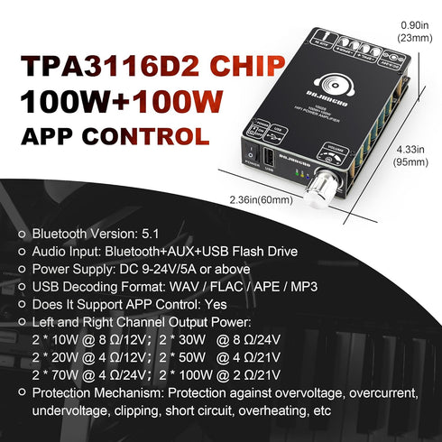DAJUNGUO 1002S 2.0 Bluetooth Amplifier Board, Dual TPA3116D2 Chips, 100W+100W Power Output, Bluetooth/USB/3.5mm AUX