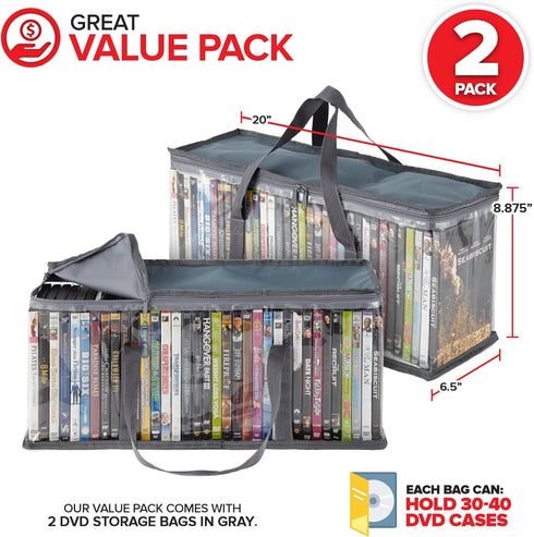 Stock Your Home DVD Storage Bags (Set of 2) Media Organizer Bag for DVDs, CDs, Blu Ray Disc, Movie Cases, VHS Box, Video Game Disks, Clear Plastic Holders with Carrying Handles and Zipper - Gray by Stock Your Home