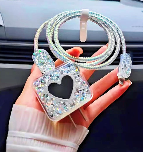 Cable Protector for iPhone Charger, Sparkle Love Heart Design for Women, Luxury Soft Data Line Cover (Silver)