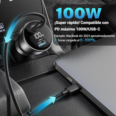 100W USB C Car Charger with Display, PD3.0+QC Type C Adapter for Laptops, MacBook Pro, iPhone 15/14
