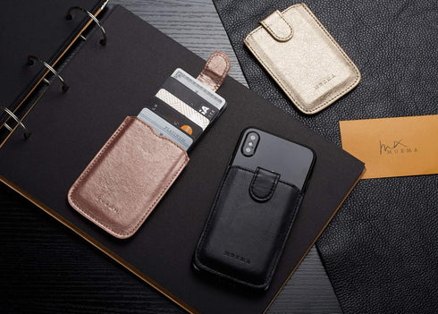 Phone Card Holder RFID Sleeve, PU Leather Back Stick-On Wallet for 5 Cards, Cash for iPhone/Android/Samsung (Gold)