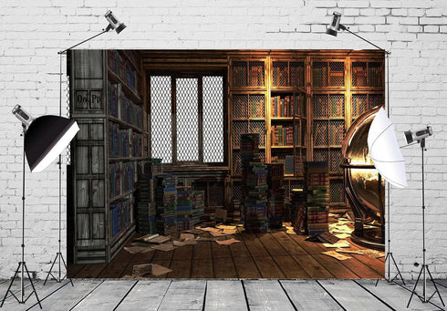 BELECO 5x3ft Fabric Magical Fantasy Library Backdrop Vintage Wooden Bookshelf Backdrop Antique Book Racks Globe Ancient