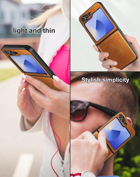 Foluu Samsung Galaxy Z Flip 6 5G Case, Yellow Leather + Hard PC Shell Ultra Thin Slim Durable Protective Cover