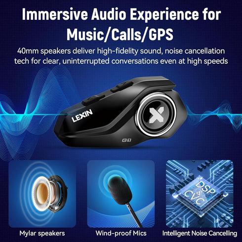 LEXIN G1 Motorcycle Bluetooth Headset, Helmet Speakers with 2 Type Mics, Hands-Free Call/Music, Waterproof