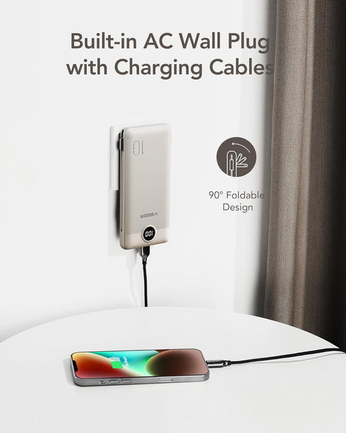 VEGER Portable Charger for iPhone, 10000mAh Slim Fast Charging USB C Power Bank with Built-in Cables