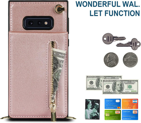 Samsung Galaxy S10e Wallet Cover, Pink, with Crossbody Strap, Leather Card Holder, Flip Cases, Kickstand