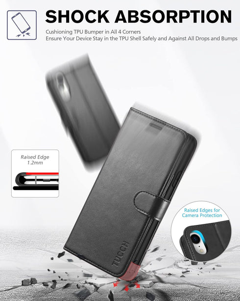 TUCCH Case Wallet for iPhone XR - Kickstand, RFID Blocking, Credit Card Slot, PU Leather Folio Cover, Black