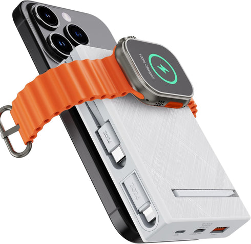 pzoz 10000mAh Portable Magnetic Wireless Magsafe Power Bank, USB Type C PD Fast Charging Built-in Cable