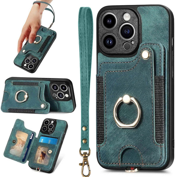 JanCalm iPhone 13 Pro Leather Flip Case, Card Holder, RFID-Blocking, Magnetic, Ring Holder in Green