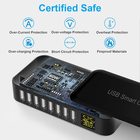 USB Charging Station Ziwodiv 8-Port 60W/12A USB Charger Hub, Compact Desktop Charger for iPhone, iPad, Samsung