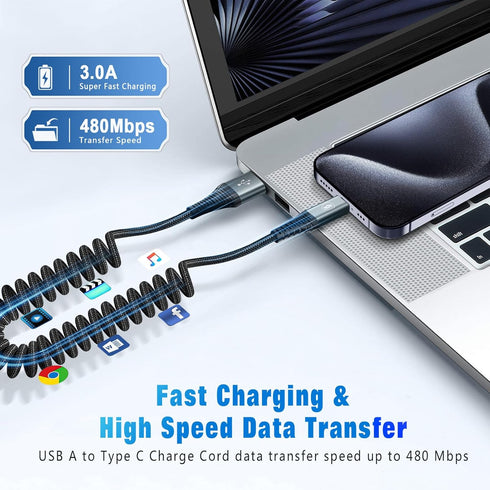 2 Pack 3FT USB C Charger Cable 60W Fast Charging, Coiled USB A to USB C Cable for iPhone 15, Samsung Galaxy S24/S23