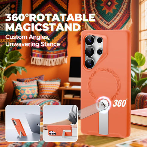 Samsung Galaxy S25 Ultra Case ExoGuard, Soft Skin-Friendly Silicone Cover, Adjustable Metal Kickstand - Orange