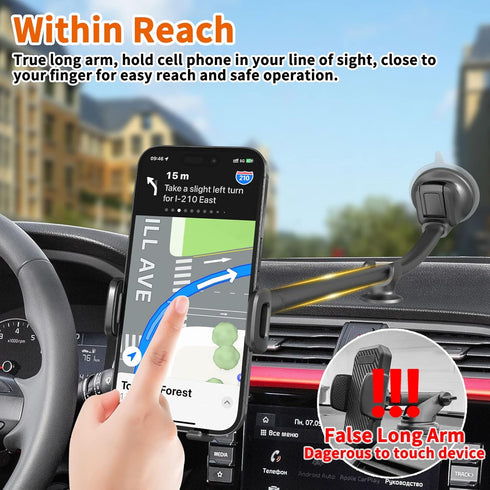 1Zero Solid Car Truck Phone Mount Holder with 14-Inch Gooseneck Long Arm, Windshield Window Mobile Holders w/Industrial-Strength Suction Cup, Anti-Shake Stabilizer Compatible All Cell Phones, Black