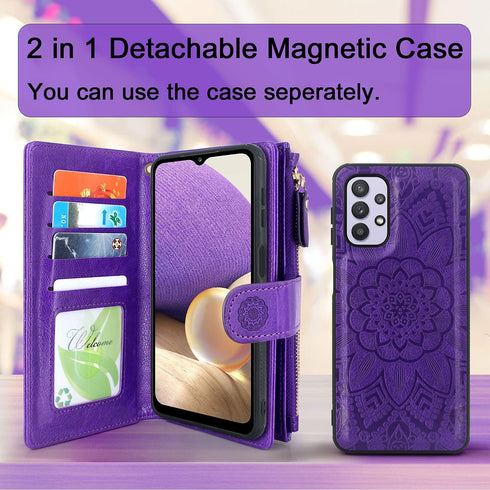 Harryshell Detachable Magnetic Zipper Wallet Case for Samsung Galaxy A32 5G, Purple Flower
