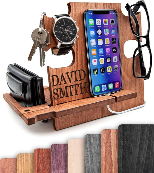Greta Oto Wood Phone Docking Station for Men | Nightstand Bedside Desk Organizer | Best Personalized Idea for Father's