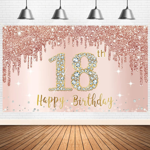 Sweet 18th Birthday Banner Backdrop Decorations for Girls, Rose Gold 18 Birthday Party Sign Supplies, Pink 18 Years Old