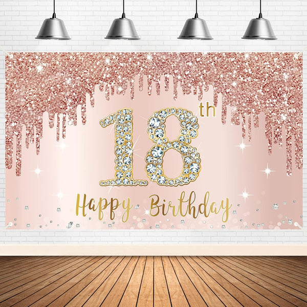 Sweet 18th Birthday Banner Backdrop Decorations for Girls, Rose Gold 18 Birthday Party Sign Supplies, Pink 18 Years Old