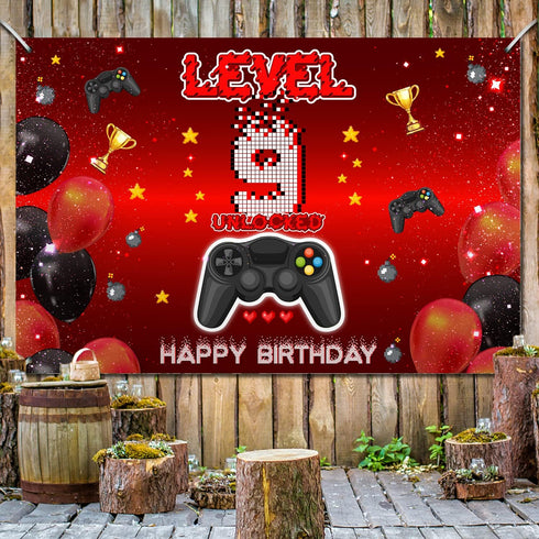 Level 9 Unlocked Backdrop Banner Decorations for Video Game Happy 9th Birthday for Boys Kids