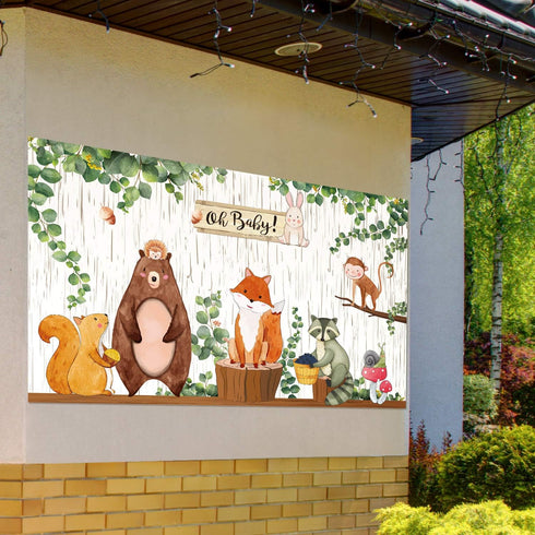 Woodland Baby Shower Backdrop, 3.6 x 6 ft Jungle Animals Birthday Party Decorations for Safari Baby Shower