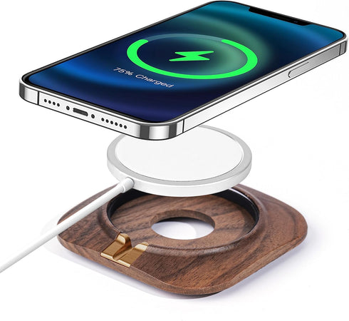 Mobile Phone Holder for MagSafe Charger, Upgraded Walnut Wood Charging Stand for iPhone 15 14 13 12 Mini Plus