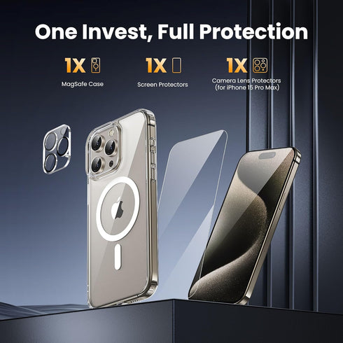 for iPhone 15 Pro Max Case, with 1X Screen Protector + 1X Camera Lens Protector, Compatible with Magsafe [Yellowing
