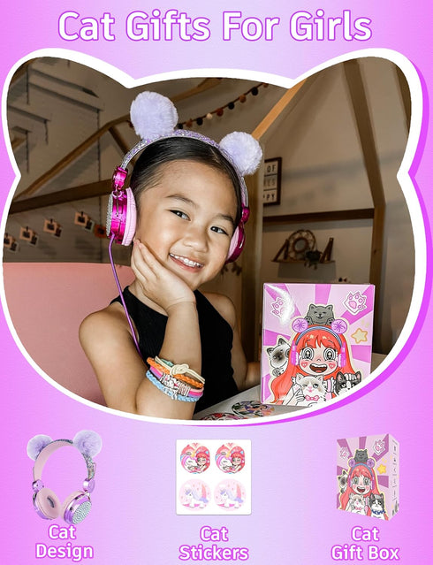 Unicorn Kids Pom Headphones with Mic, 85DB Limit, Shareport, HD Stereo Wired, Hot Purple, Perfect Travel Gift for Girls.