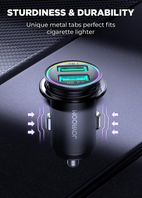 Car Charger,JOYROOM 4.8A Car Phone Charger All Metal, Mini Cigarette Lighter USB Charger with Type C Coiled Cable for iPhone 15 Pro, Dual USB Car Charger Adapter Fast Charge for iPhone/Samsung/Android