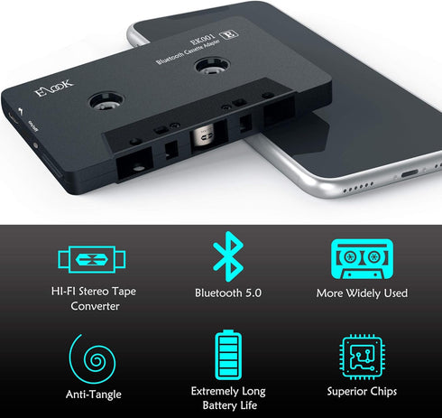Elook Car Audio Receiver, Bluetooth Cassette Receiver Tape Aux Adapter Player with Bluetooth 5.0