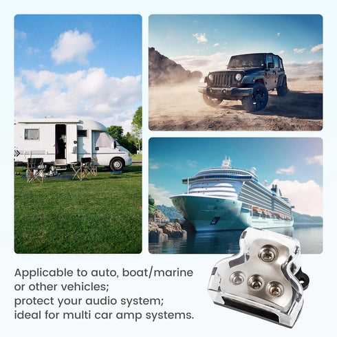 3 Way Power Distribution Block Zinc-Alloy, 0/2/4 Gauge in 4/8 Gauge Out, Auto Car Audio Distribution Connecting Block