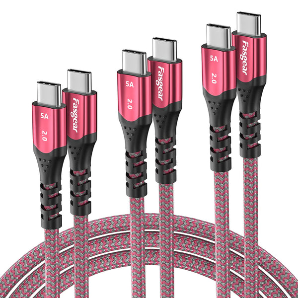 Fasgear USB C to USB C Cable 100W Fast Charging: 3Pack 1.6ft+3ft+6ft Braided Type-C 2.0 PD Quick Charger Cords
