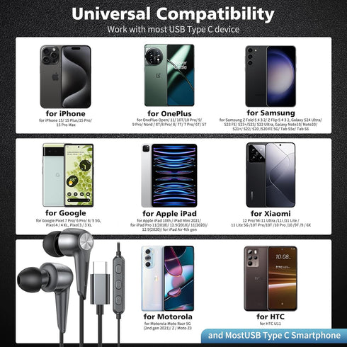 USB C Earbuds Wired Headphones with Microphone for Samsung Galaxy S24 Ultra S23 FE S22 S21 Z Flip Fold 5, USB Type C