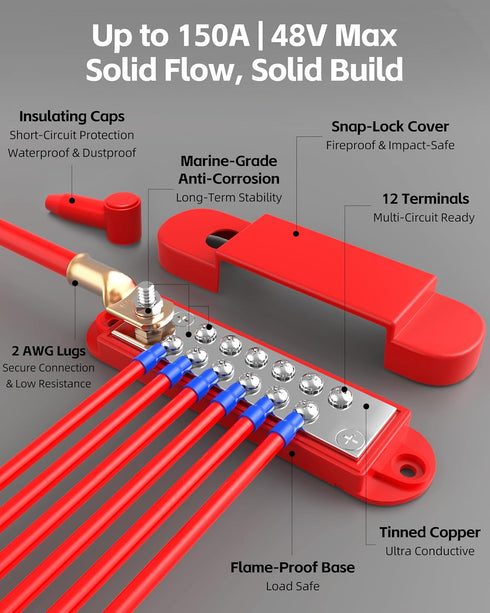 Crivon 12V 150A 1/4" 12 #8 Bus Bar Power Distribution Block: DC Battery Marine Bus Bar Terminal Block with Cover Stud
