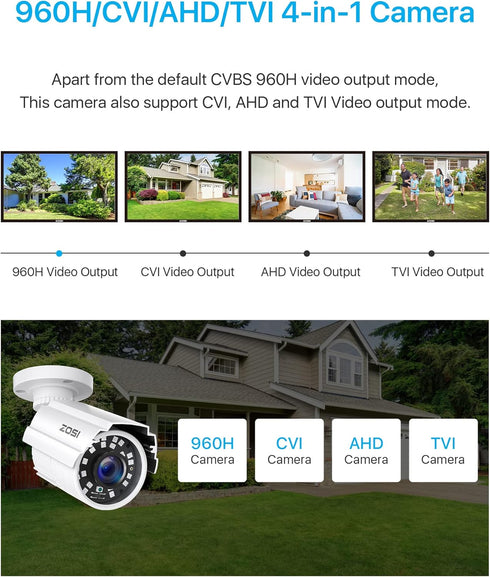 ZOSI 1080P HD 1920TVL Hybrid 4-in-1 CCTV Security Camera - 80ft Night Vision, 2MP Weatherproof Aluminum Bullet