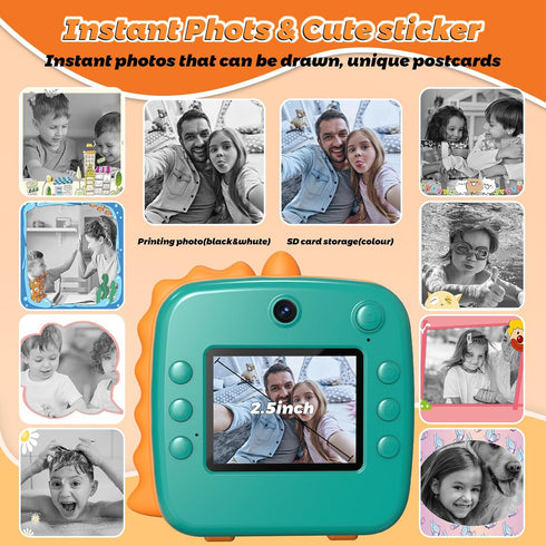 MFLABEL Kids Instant Print Camera, HD Dinosaur Selfie Digital Camera with 1080P Videos, Portable Travel Toy Set